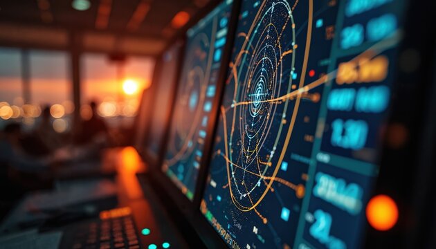 Air traffic control tower radar screens display glowing flight paths, aircraft tracking. Technology ensures aviation safety, airspace monitoring, precise flight navigation through advanced systems.
