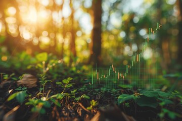 Digital graphs illustrate market fluctuations harmonizing with the serene forest backdrop. Natural hues blend with vibrant data capturing growth and change in a tranquil setting.