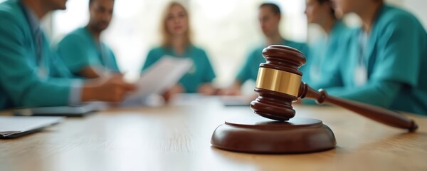 Wooden gavel symbolizes law, justice. Blurred medical professionals in blue scrubs sit at table, discussing documents. Represents legal proceedings in healthcare, policy decisions, pro consultation.