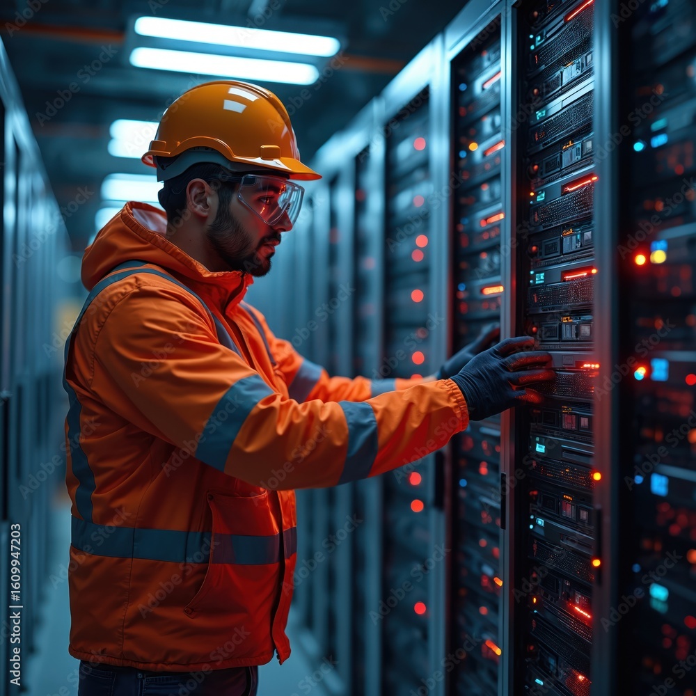 Aufkleber technician in safety gear works with data server racks. bright orange lights illuminate high-tech se