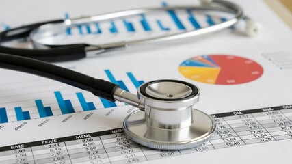A stethoscope rests on a financial report with charts and graphs, symbolizing medical analysis and healthcare data - Powered by Adobe