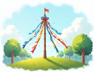 Festive maypole celebration with colorful ribbons on grassy hill. Blue sky, white clouds, green trees adorn spring landscape. Traditional folk festival with dance and merriment.