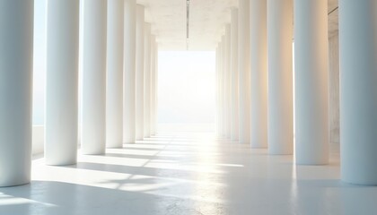 Fototapeta premium Bright sunlit hallway with rows of white pillars. Modern architecture, minimalist interior design. Clean white floor, walls create sense of expansive space, light. Perspective draws eye forward into