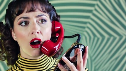 Retro-styled woman with an amazed and surprised expression talking on a classic red telephone. - Powered by Adobe