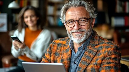 Senior man working on laptop with woman using smartphone in background - Powered by Adobe