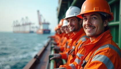Diverse crew works on cargo ship deck, smiling in bright orange uniforms, hard hats. Seamen engaged in maritime operations, teamwork, global industry. Vessels, cranes visible on water, hinting at