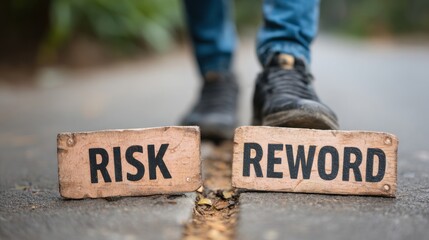 Person standing on words RISK and REWARD