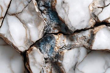 White marble surface with intricate veins of blue and gray, showcasing the natural beauty of the stone in close-up detail