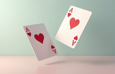 Obraz premium Two Ace of Hearts playing cards float in minimalist space, love, luck in gambling. Clean design elements focus on red heart symbols against soft green background, evoking chance, casino games.