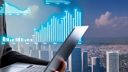 Confident businessman analyzes financial growth projections with laptop and digital chart overlaying city skyline - Powered by Adobe