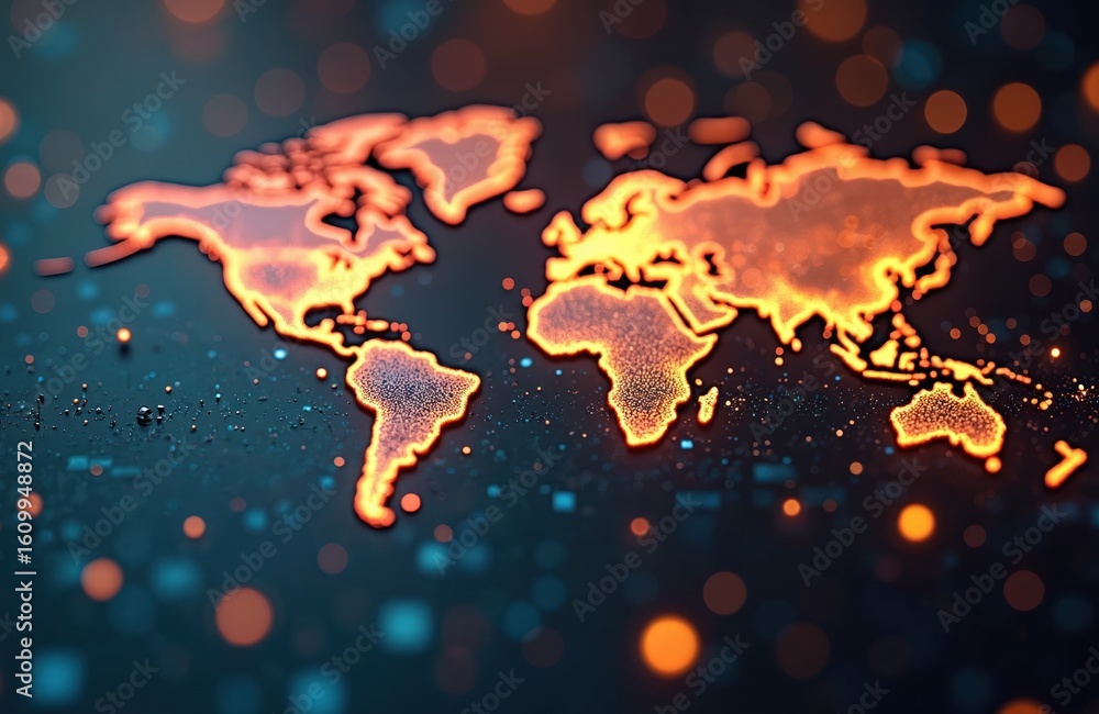 Poster global network connection. abstract digital world map with glowing orange continents on dark blue ba