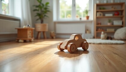 Minimalist wooden toy car on hardwood floor, set in bright, sunlit modern children room. Simple, eco-friendly design encourages creativity, imaginative play. Natural wood craftsmanship enhances