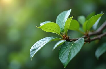 Fototapeta premium Macro shot of young Japanese camellia leaves on branch, vibrant green foliage against soft, blurred natural background. Sunlight filters through leaves, highlighting their delicate texture and veins.