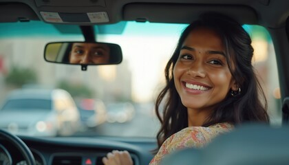Indian woman driver smiles adjusting rearview mirror, navigating city streets. Enjoys urban life, transportation, journey. Cheerful adult concentration on driving, with traffic in background.