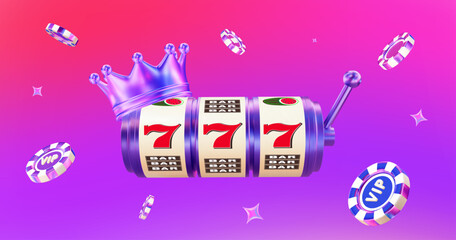 3D neon slot machine with crown and chips. Online casino. Gambling concept design. 3d vector illustration