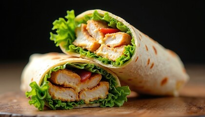 Chicken Caesar wrap sliced in half displays crisp lettuce, breaded chicken pieces, creamy dressing. Tortilla wrap shows clean filling with fresh ingredients. Great for food blogs, menu design, quick