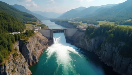 Aerial view of huge dam releasing water into turquoise river valley surrounded by green mountains. Massive concrete structure hydroelectric engineering, sustainable energy production. Calm blue sky