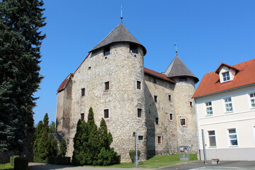 Fototapeta premium A fortified medieval stone castle with round towers and red tile roof stands in a small town, surrounded by green hedges, neighboring buildings, and under a clear blue sky