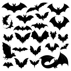 Fototapeta premium Vampire bat silhouette. Halloween bats decoration, hanging cave flittermouse and scary rearmouse animal, nocturnal holiday night wildlife flight shape silhouettes isolated icon collection