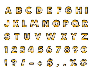 Fun, blocky characters, numerals, and signs for creative projects. Bright vivid faces contrast textured dark sides. Symbols are randomly rotated. Transparent background