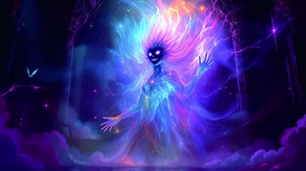 A mysterious figure with luminous blue hair and striking purple eyes, exuding a vibrant and otherworldly presence