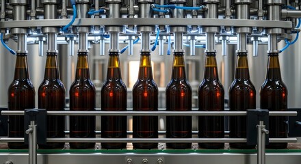 Industrial filling machine bottling dark beer into brown glass bottles in a clean factory. Banner template for brewery, beverage production, manufacturing, and quality control marketing with copyspace