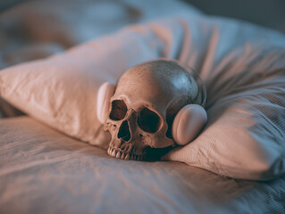 Skull with earplugs resting on pillow in soft Halloween lighting