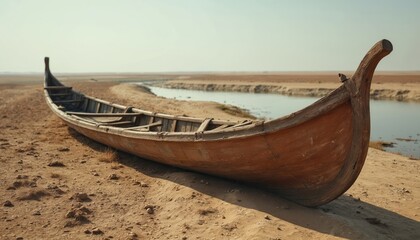 Traditional wooden Mashoof canoe sits abandoned on dry Iraq marshland earth. Harsh summer drought, climate change impact, environmental crisis. Desolate landscape, cracked soil, receding water body.