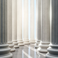 Sunlight streams through rows of pillars, casting shadows on a polished stone floor. 3D render