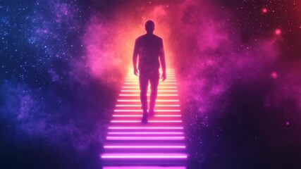 Silhouette of a man walking up an illuminated staircase into a vibrant cosmic background of stars and nebula, symbolizing spiritual ascension, destiny, self-discovery, and journey into the unknown.