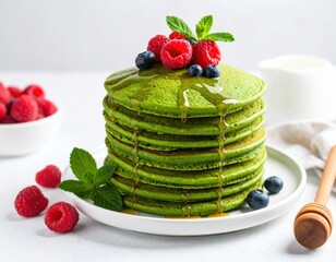 Matcha Pancakes Stack with Honey Drizzle and Berries