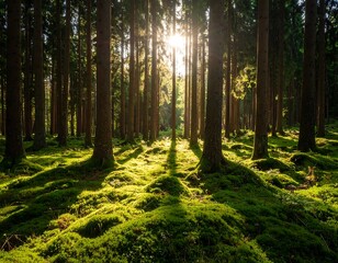 Obraz premium Sunlight streams through a dense forest of tall pines, illuminating a mossy floor