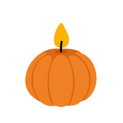 Orange pumpkin-shaped candle with small flame for seasonal home decor