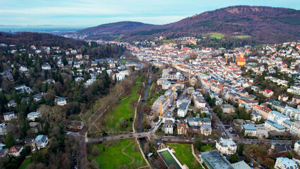 Aerial panorama view of the old town city Baden Baden in the Black forest on a late afternoon winter 