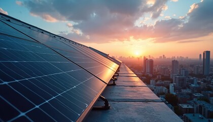 Solar panels on building roof capture energy from vibrant sunset over city skyline. Technology offers renewable power, eco-friendly solution, reflecting commitment to sustainability, future energy