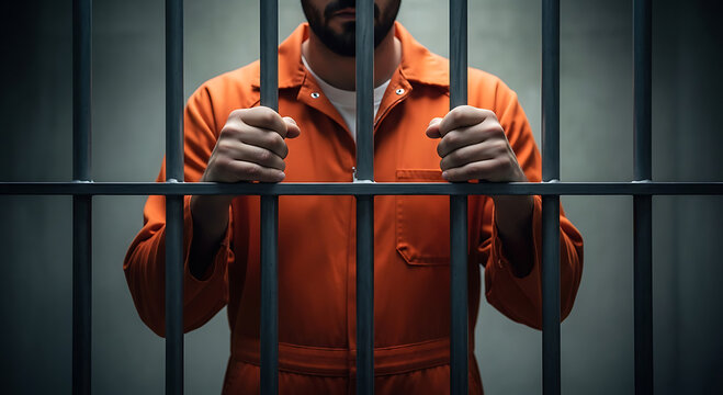 Prisoner in orange jumpsuit gripping jail bars with determined expression
