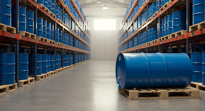 Vast industrial warehouse interior with long rows of high shelving racks holding numerous blue barrels, showcasing efficient bulk storage and supply chain logistics in a modern facility.