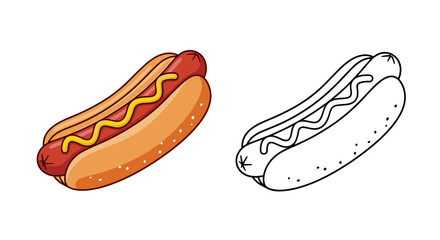 Illustration showing a hotdog with mustard and a line drawing of a hotdog beside it