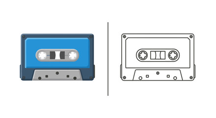 Obraz premium Illustration showing a blue cassette tape with a line drawing of a cassette tape next to it