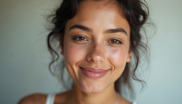 Confident young woman with visible skin imperfections smiles warmly. Brown eyes radiate positivity, self-acceptance. Close-up portrait focuses on authentic beauty, natural skin tone, promoting skin - Powered by Adobe