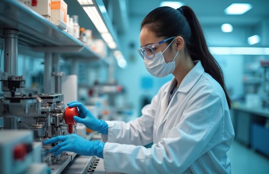 Asian scientist in lab coat and protective gear works with complex lab equipment. Female researcher operates machinery with red button, focusing on scientific experiment and discovery.