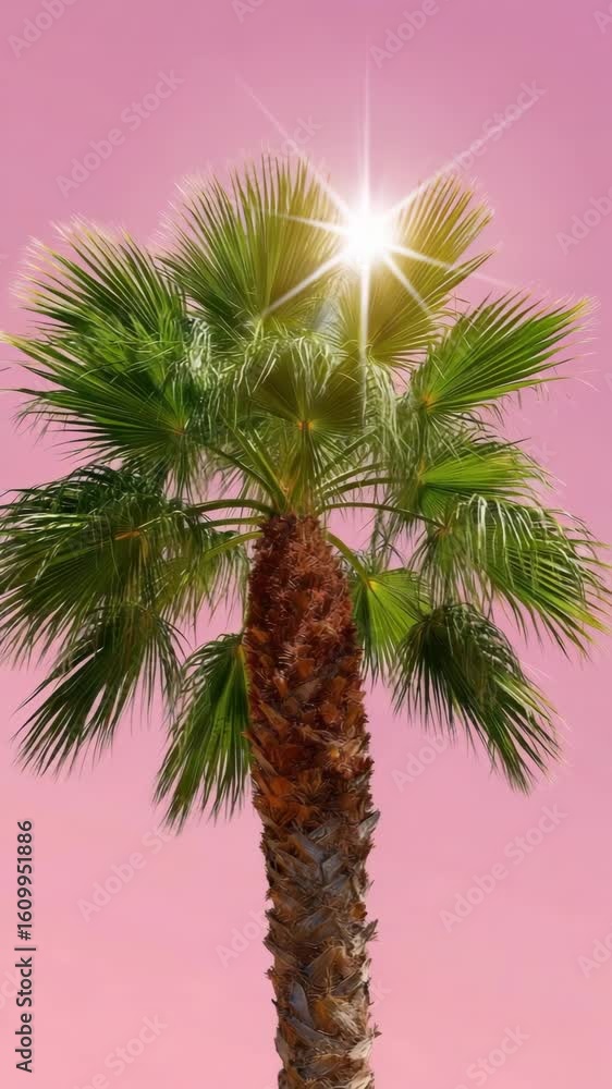 Poster a palm tree is standing in the sun with a bright light shining on it. the tree is tall and has a lot