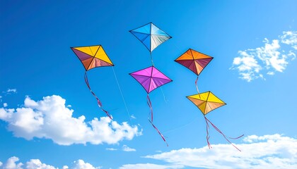 Colorful kites soar in a vibrant blue sky