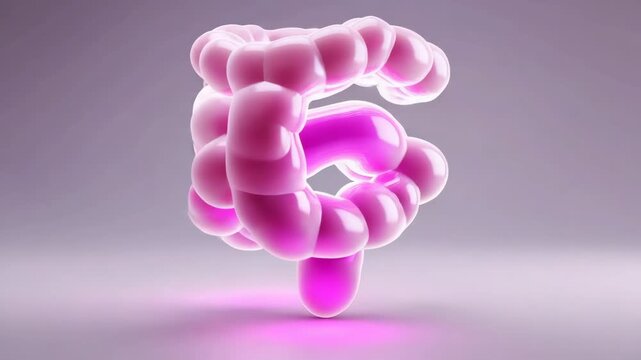 A pink and purple organ that is shaped like a stomach. The organ is made of plastic and is glowing