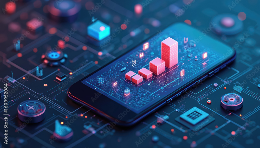 Poster isometric smartphone display shows business graphs, software development processes. abstract futuris