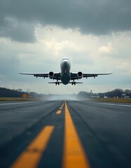Fototapeta premium Airplane ascends from runway during overcast weather creating motion blur effect. Jet aircraft gains altitude on misty tarmac. Fast airborne ascent signifies travel, transport, and adventure.