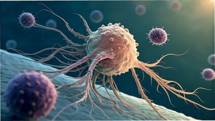 Hyperreal rendering of dendritic cell presenting antigens — tentacle-like extensions holding a captured pathogen, signaling nearby lymphocytes