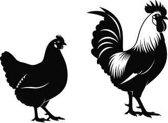 Vector Silhouette of Hen and Rooster Facing Each Other — Minimalist Farm Animal Duo in Black Line Art, Poultry Identification