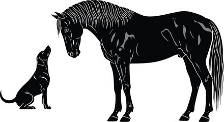 Vector Silhouette of Horse and Dog Facing Each Other — Minimalist Animal Friendship Scene in Black Line Art with Curled Tail