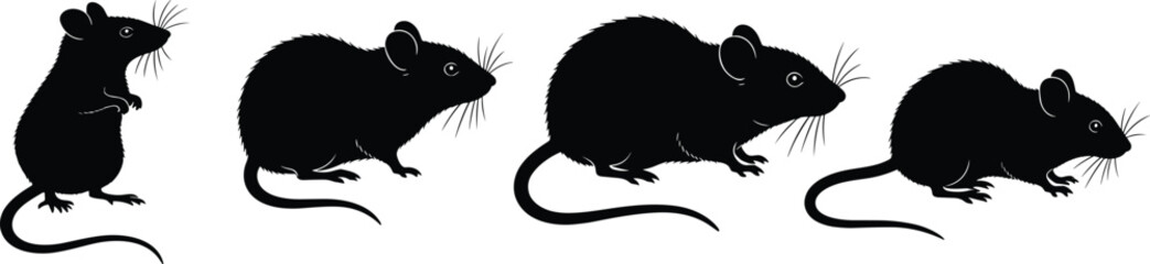 Silhouette Vector Set of Mice in CAD Style, Standing and Walking Poses, Small Rodent Animal Icons for Nature and Wildlife Illustration